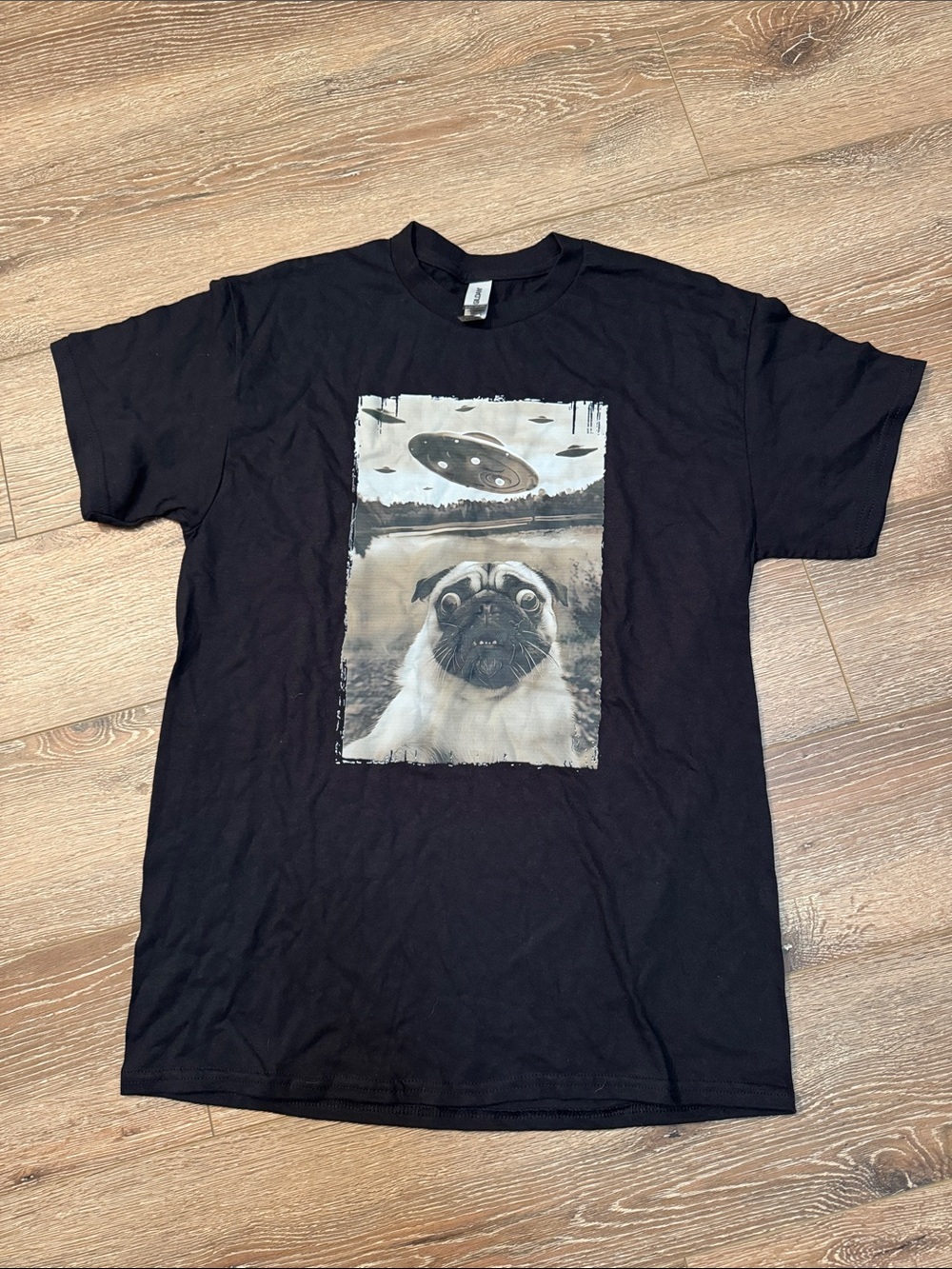 Black Pug UFO Graphic Dog T-Shirt Size: Medium